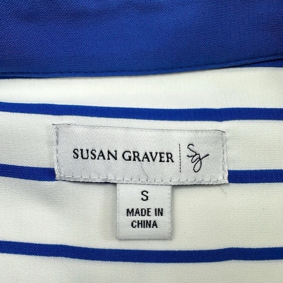 NWOT Susan Graver White Blue Striped Golden Button Shirt Size Small 3/4 Sleeves - Picture 4 of 7